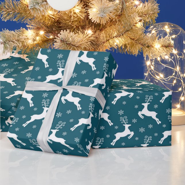 Teal White Winter Reindeer & Snowflakes Christmas Wrapping Paper (Holidays)