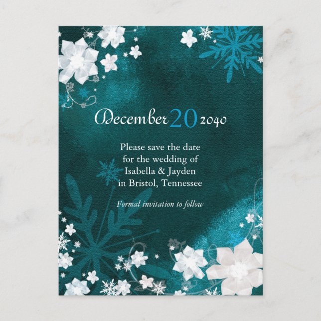 Teal White Winter Wedding Save the Date Announcement Postcard (Front)