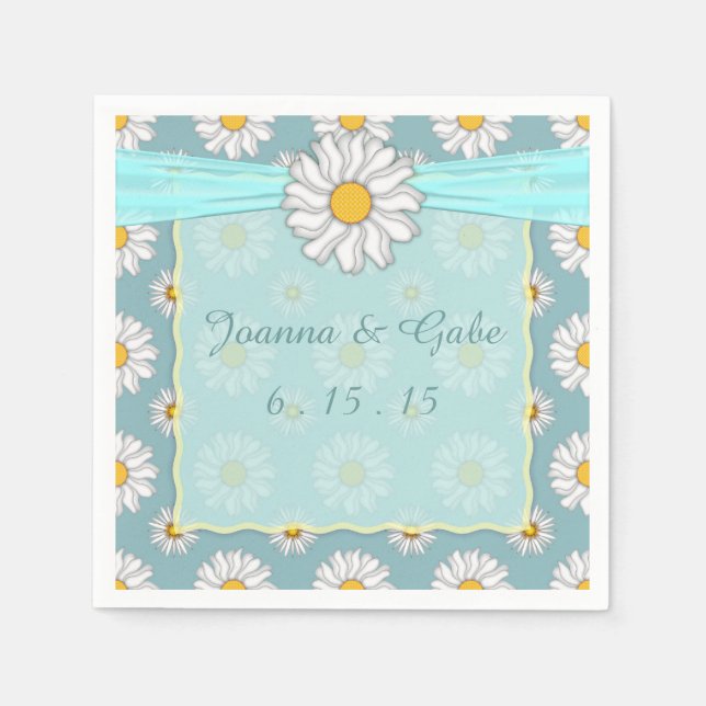 Teal White Yellow Daisy Floral Wedding Paper Napkins (Front)