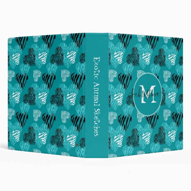 Teal White Zebra Print Hearts Monogram 3 Ring Binder (Background)