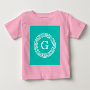Teal Wht Greek Key Rnd Frame Initial Monogram Baby T-Shirt