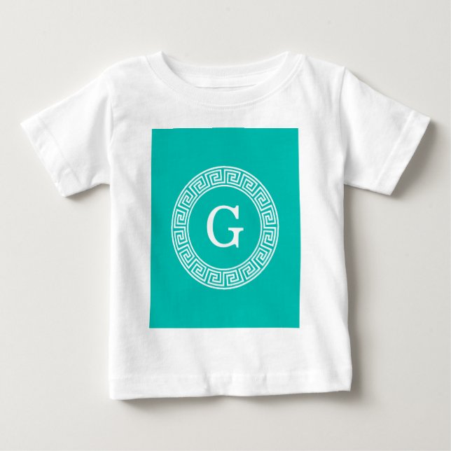 Teal Wht Greek Key Rnd Frame Initial Monogram Baby T-Shirt (Front)