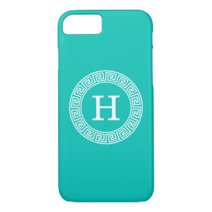 Teal Wht Greek Key Rnd Frame Initial Monogram iPhone 8/7 Case