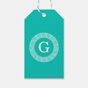Teal Wht Greek Key Rnd Frame Initial Monogram Gift Tags