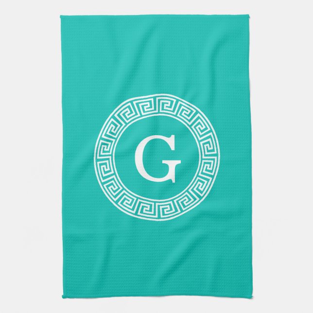 Teal Wht Greek Key Rnd Frame Initial Monogram Kitchen Towel (Vertical)