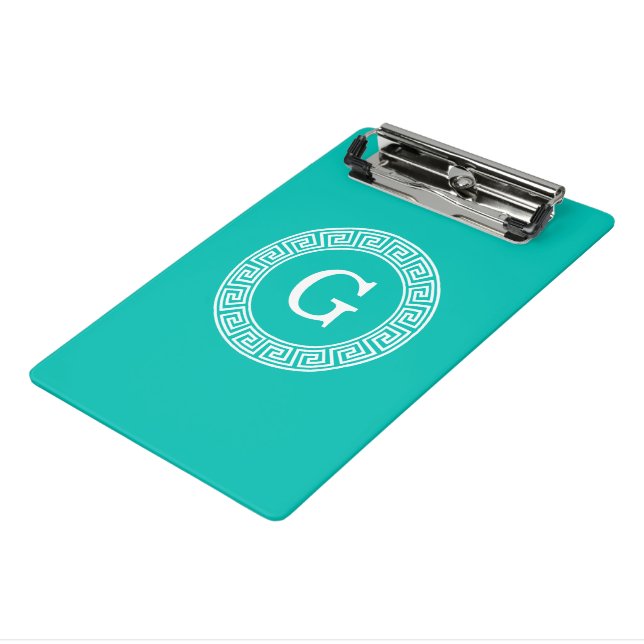 Teal Wht Greek Key Rnd Frame Initial Monogram Mini Clipboard (Angled3)