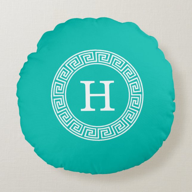 Teal Wht Greek Key Rnd Frame Initial Monogram Round Pillow (Front)