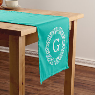 Teal Wht Greek Key Rnd Frame Initial Monogram Short Table Runner