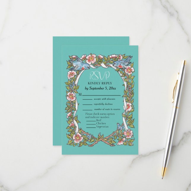 Teal Wildflower Bird Rose Border Floral Wedding RSVP Card (Front/Back In Situ)