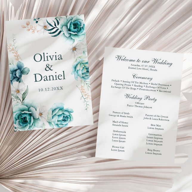 Teal Wildflower Botanical Wedding Program (Off-White & Teal Floral Wedding Program on a sunny white dry palm leaf.)