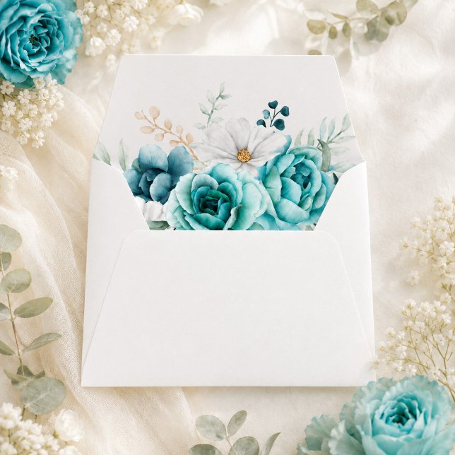 Teal Wildflower Lined Wedding Envelope (Teal Wildflower Lined Wedding Envelope)