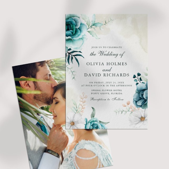 Teal Wildflower Photo Wedding Invitation (Off-White Teal Wildflowers Photo Wedding Invite on a white table.)