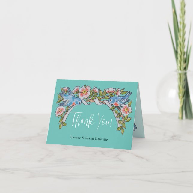 Teal Wildflower Rose Bird Border Boho Wedding Thank You Card (Front)