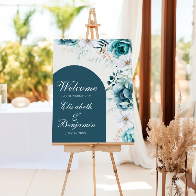 Teal Wildflower Wedding | Botanical Welcome Sign (Teal and Off-White Wildflowers Welcome Foam Board)