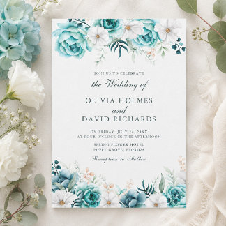 Teal Wildflower Wedding | Off White Boho Floral Invitation