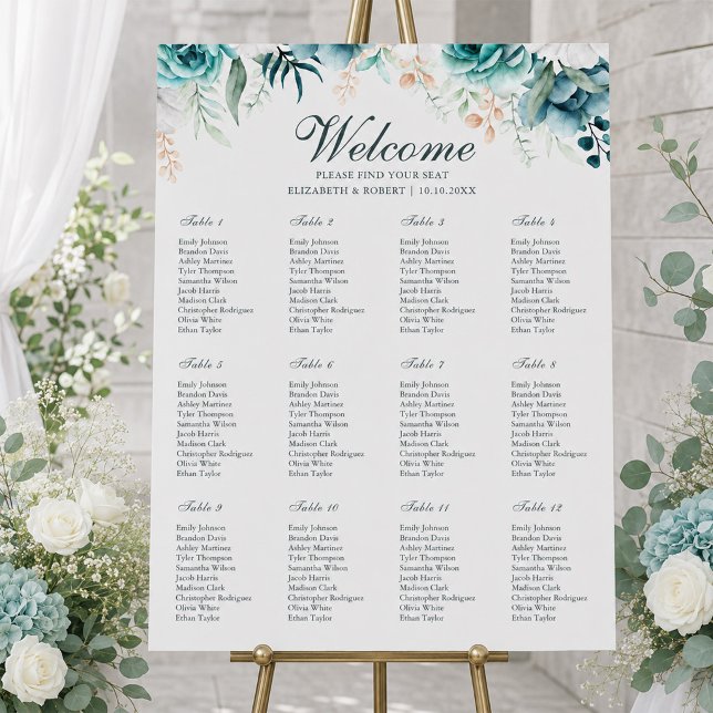 Teal Wildflower Wedding Seating Chart Sign (Teal Wildflower Wedding Seating Chart Sign)