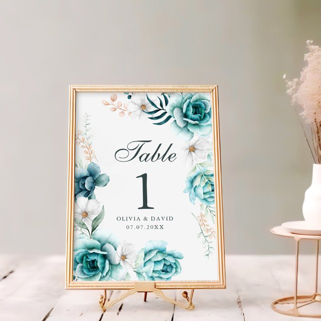 Teal Wildflower Wedding Table Number Sign (Teal & Off-White Wildflowers Wedding Table Number
)