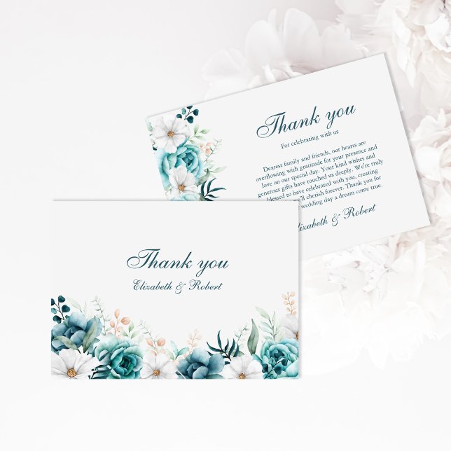 Teal Wildflower Wedding Thank You Card (Teal and Off-White Wildflowers Wedding Thank You Card on a white floral background.)