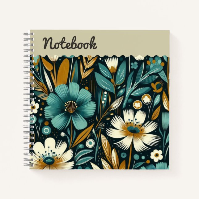 Teal Wildflowers & Birds – Modern Folk Art Label Notebook (Front)