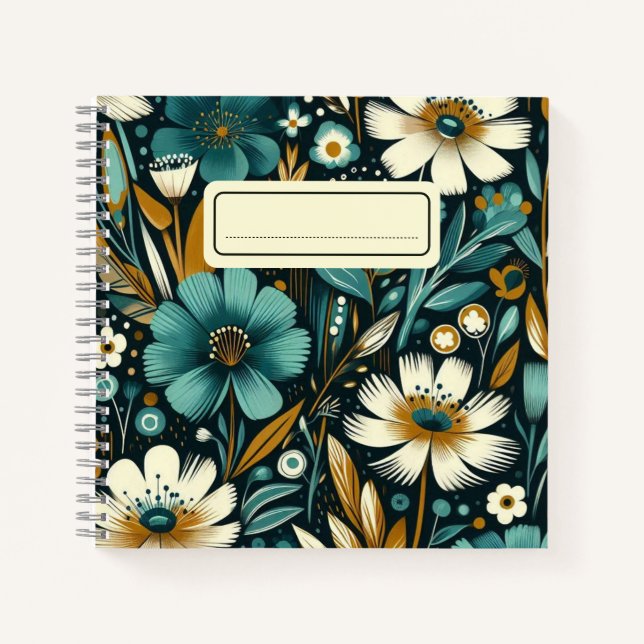  Teal Wildflowers & Birds – Modern Folk Art Vibes Notebook (Front)
