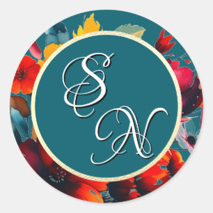 Teal Wildflowers Bouquet Monogram Initials Sticker