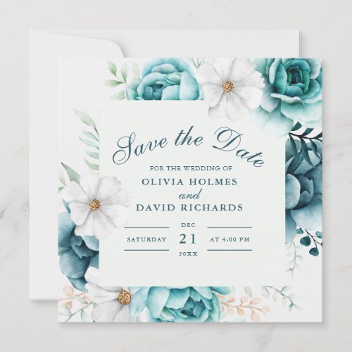 Teal Wildflowers Couple Photo Save The Date Card