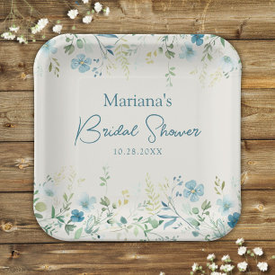 Teal Wildflowers on Beige Floral Bridal Shower Paper Plates