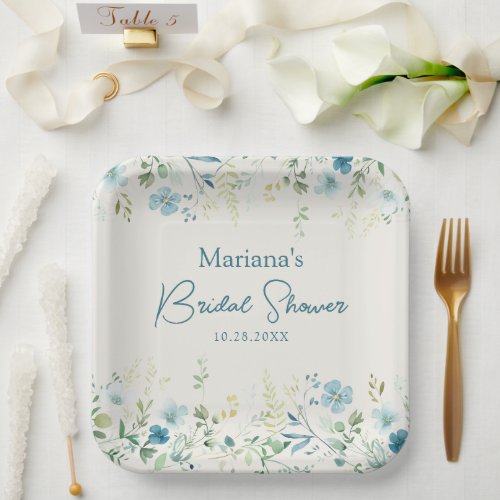 Teal Wildflowers on Beige Floral Bridal Shower Paper Plates