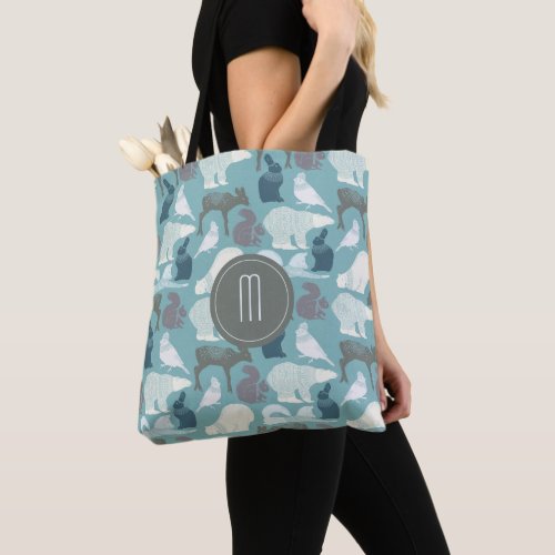 Teal Wildlife Winter Pattern Monogram Tote Bag