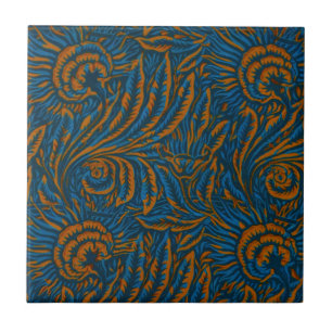 Teal William Morris Style Acanthus Leaf Botanical Ceramic Tile