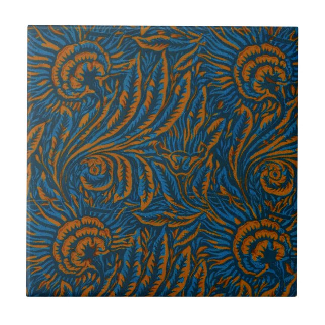 Teal William Morris Style Acanthus Leaf Botanical Ceramic Tile (Front)