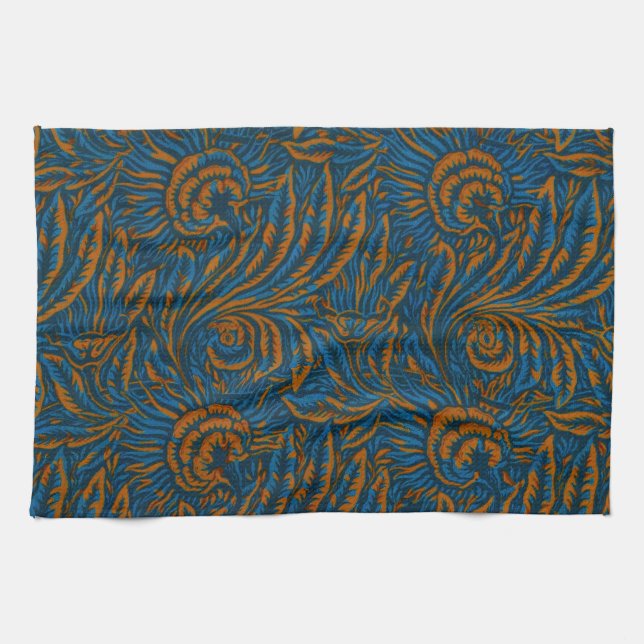 Teal William Morris Style Acanthus Leaf Botanical Kitchen Towel (Horizontal)