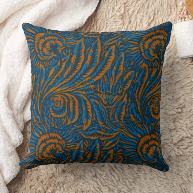 Teal William Morris Style Acanthus Leaf Botanical Throw Pillow (Blanket)
