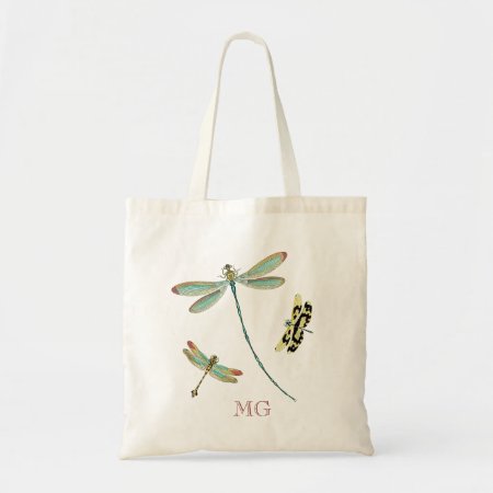 Teal-winged Dragonflies Monogram Tote Bag