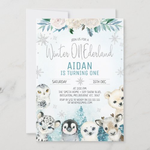 Teal Winter Animals Winter Onederland Birthday Invitation