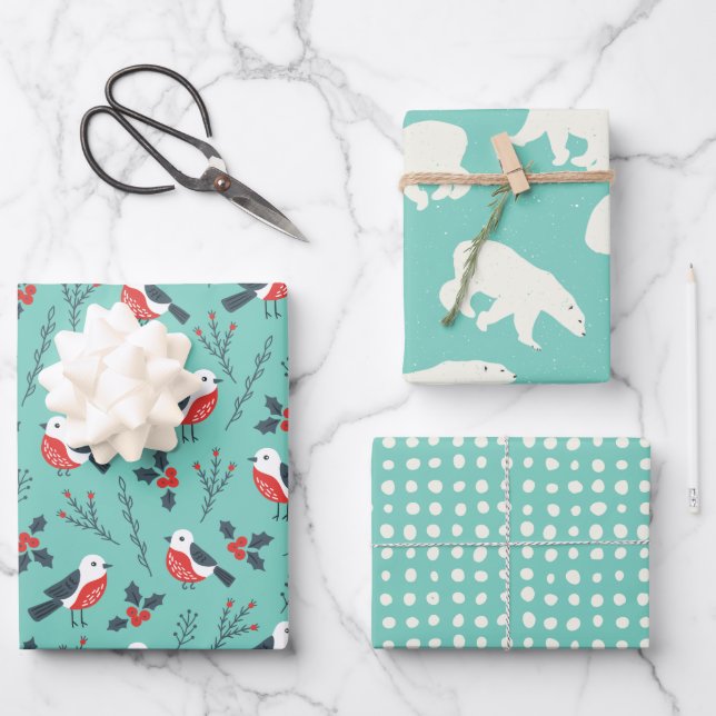 Teal Winter Christmas Theme Patterned Gift Wrapping Paper Sheets (Front)