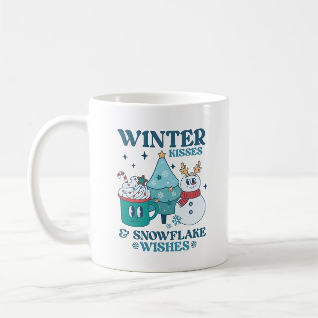 Teal Winter Kisses & Snowflake Wishes Cute Coffee Mug (Left)