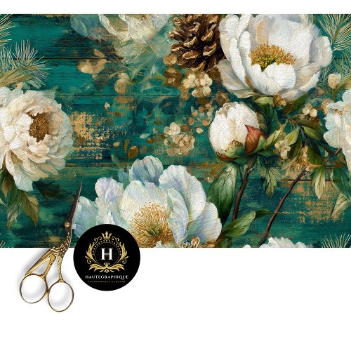 Teal Winter Peony Seamless Decoupage Tissue Paper