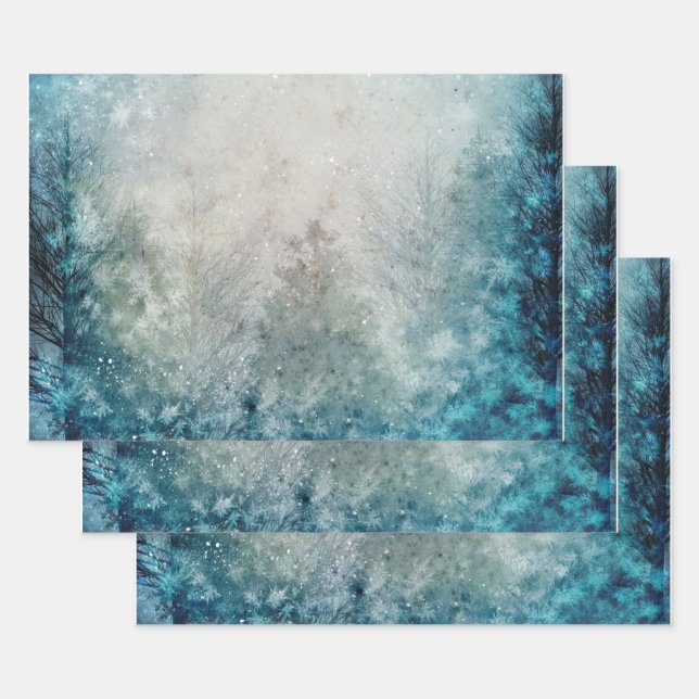 Teal Winter Pine Tree Forest Wrapping Paper Sheets (Set)