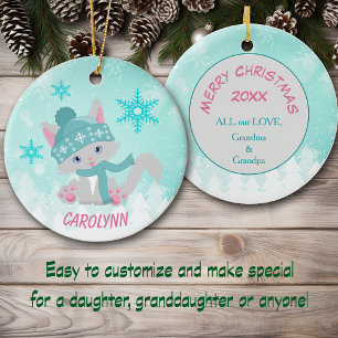 Teal Winter Snowflake Kitten Kid's Ceramic Ornament