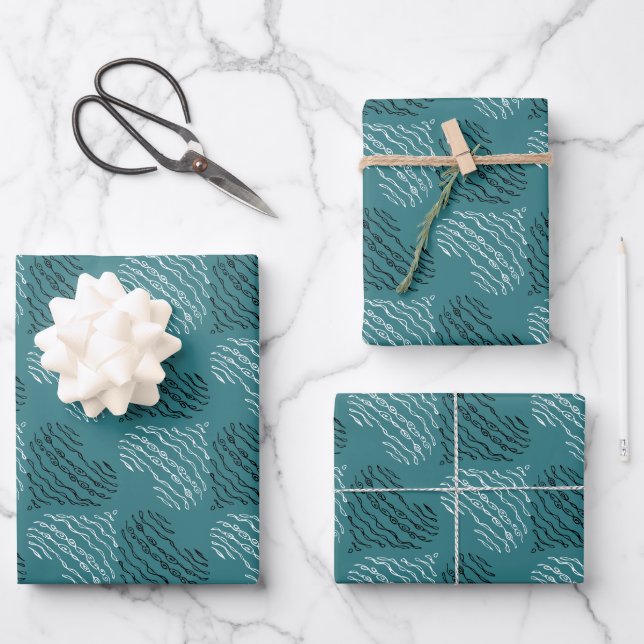 Teal With Black and White Hearts Wrapping Paper Sheets (Front)
