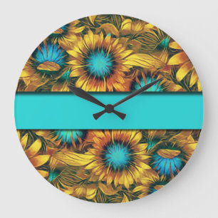 Teal With Colorful Sunflowers Large Clock
