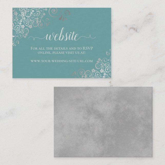 Teal with Elegant Silver Curls Wedding Website Enclosure Card (Front/Back)