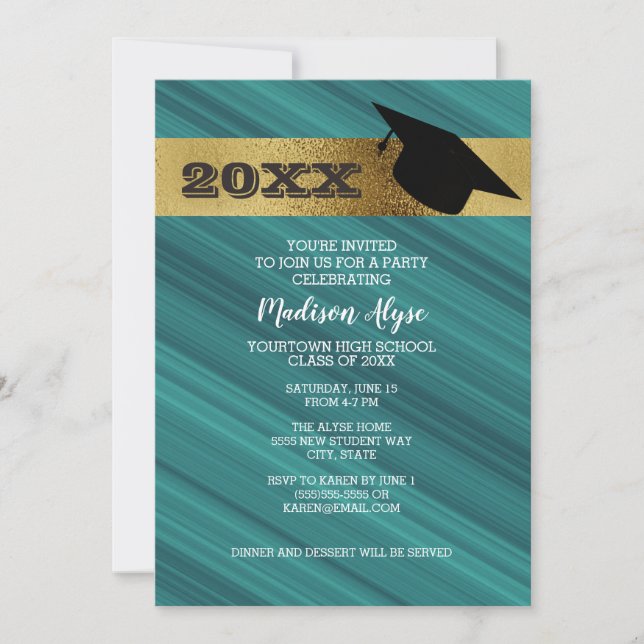 Teal with Gold and Graduation Cap Party Invitation (Front)
