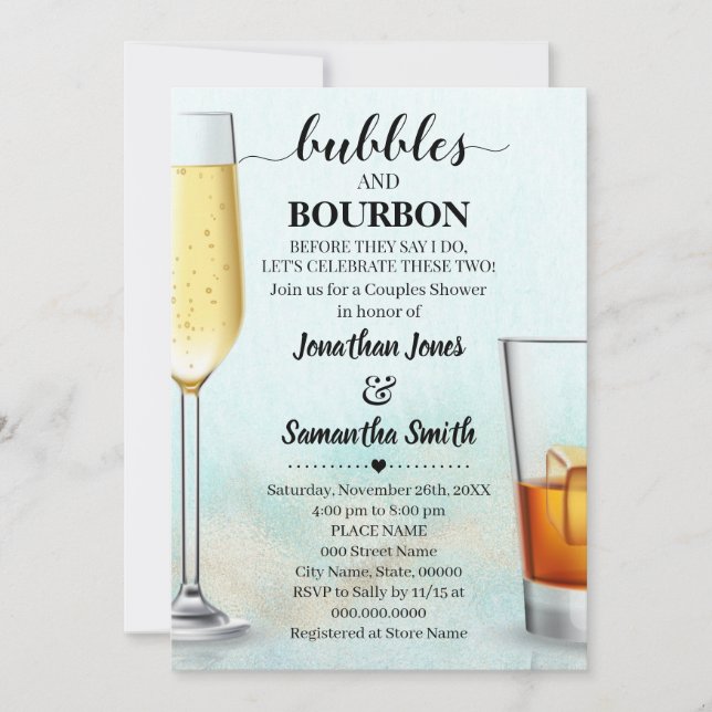 Teal with Gold Bubbles & Bourbon Ocean Shower Invitation (Front)