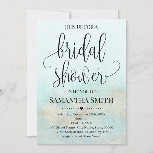 Teal with Gold Ocean Bridal Shower Wedding Aqua Invitation (Front)