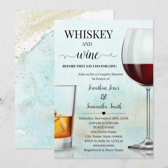 Teal with Gold Whiskey & wine before I do Shower Invitation (Front/Back)