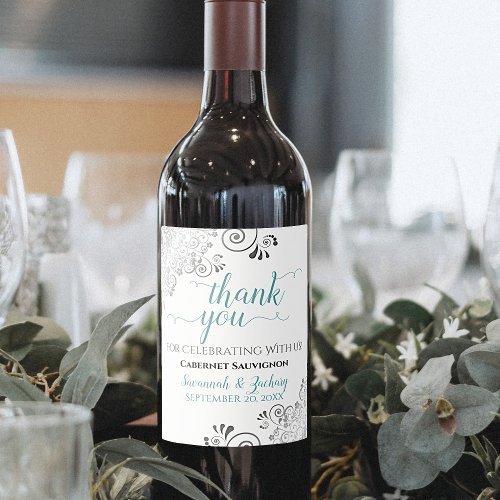 Teal with Gray Frills on White Wedding Thank You Wine Label