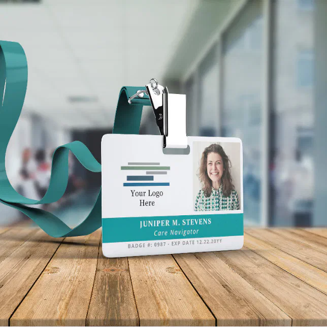 Teal with Logo & Photo Employee ID Badge | Zazzle