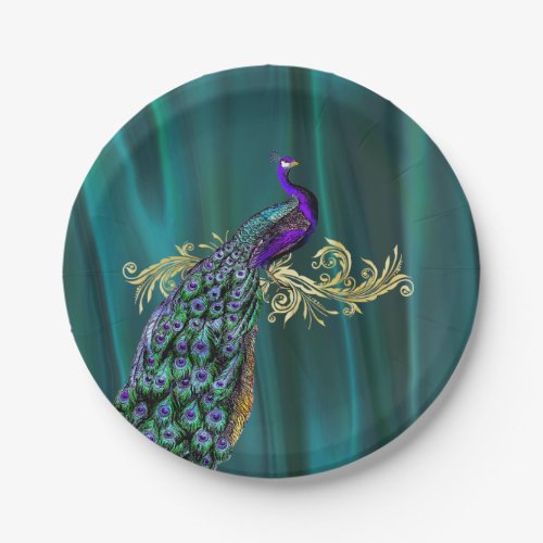Teal with Peacock Wedding Paper Plate